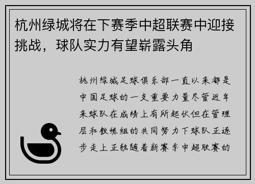 杭州绿城将在下赛季中超联赛中迎接挑战，球队实力有望崭露头角